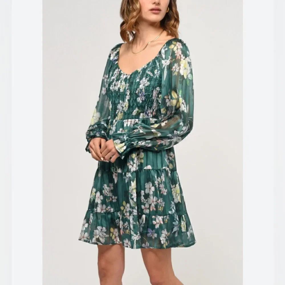 NEW Greylin Janelle Smocked Tiered Forest Green Floral Print Mini Dress